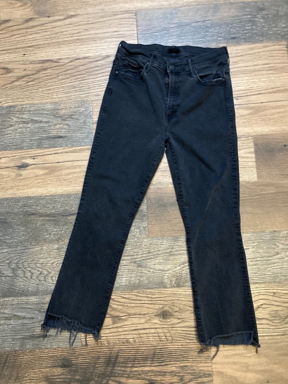 Mother The Hustler Ankle Fray Jeans Womens 32 Black Denim Cotton High Rise 30x25